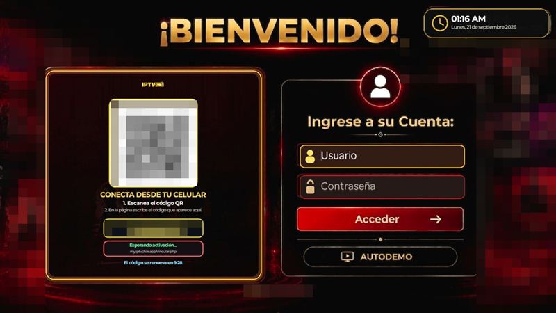Pantalla de bienvenida de la app en Roku con código QR y botón Autodemo